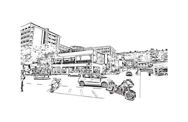 Building view with landmark of Portoroz is a resort town in Slovenia. Hand drawn sketch illustration in vector.