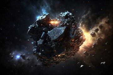 Meteorites in space.AI technology generated image