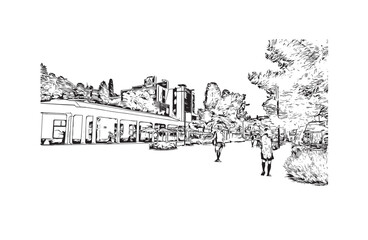 Fototapeta premium Building view with landmark of Portoroz is a resort town in Slovenia. Hand drawn sketch illustration in vector.
