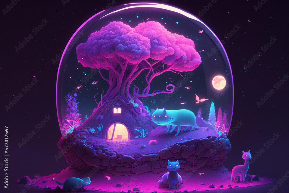 Wall mural Lovely Cute neon surrealism wallpaper Generative AI