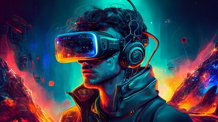 Fototapeta premium Futuristic man wearing virtual reality headset with Hypernova background. Metaverse VR concept. Player character in computer game interface. Generative Ai illustration. 