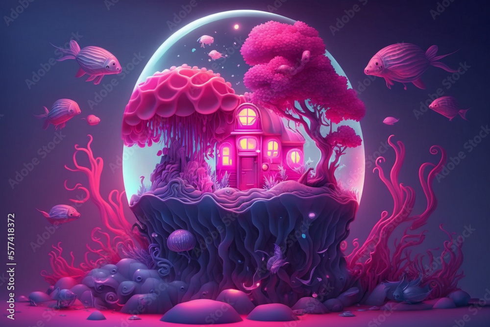 Poster Lovely Cute neon surrealism wallpaper Generative AI