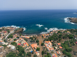 Aerial photos of Cidade Velha in Santiago, Cape Verde, reveal a historic town with a stunning coastline, a UNESCO World Heritage Site, showcasing colonial-era architecture, picturesque streets.