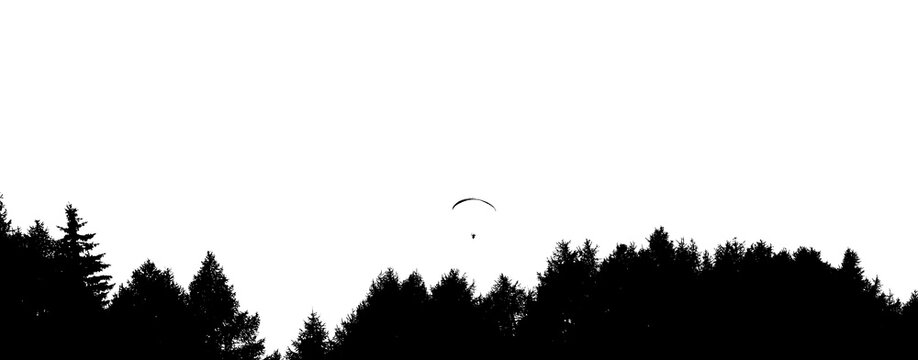Silhouette mit B&auml;ume und Paragleiter, Gleitschirm vor hellen Hintergrund und Himmel, Banner  in Schwarz und Wei&szlig;, Poster