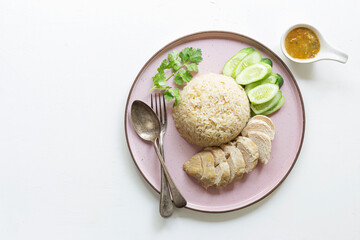 Asian healthy food chicken rice steam on white background.