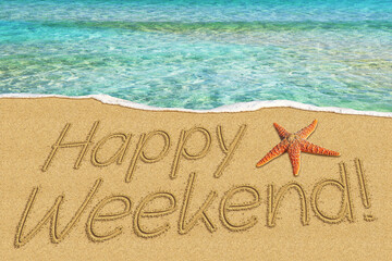 happy weekend sign on sand and starfish