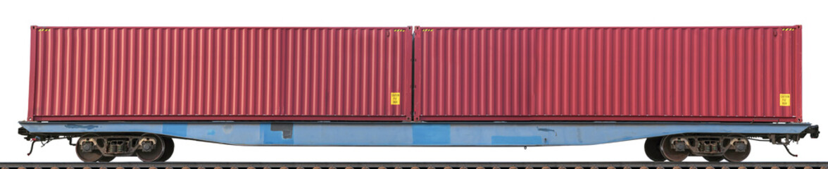 A 80ft flatcar (flat wagon) with two 40ft containers on Trans-Siberian Railroad. Fitting platform.