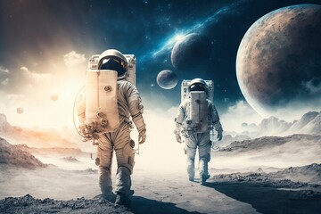 Astronauts float in space.AI technology generated image