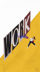 Angry motivated woman fighting, boxing with huge word work. Hard task. Contemporary art collage. Concept of business, energy, professional growth, achievements and career
