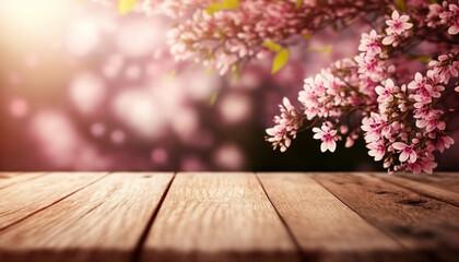 Empty wooden surface with with pink spring sakura cherry blossom background, generative ai