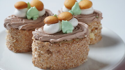Biscuit-cream cakes decorated with cream flowers and Mushrooms