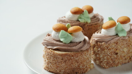 Biscuit-cream cakes decorated with cream flowers and Mushrooms