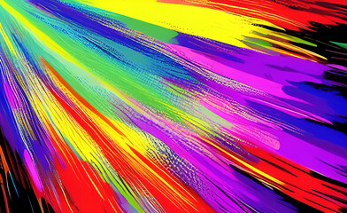 Abstract paint explosion art wallpaper background with multi-colored splashes eminating from the top left of the canvas. Palette of primary colors. Generative AI illustration.	