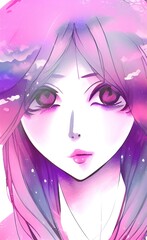 Portrait of the face of a fictitious manga girl with big eyes. Dreamlike soft pink and purple color theme. Generative AI Anime illustration.	