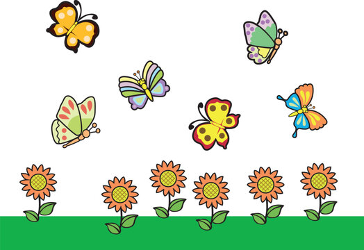 set of flowers and butterflies, vector illustration