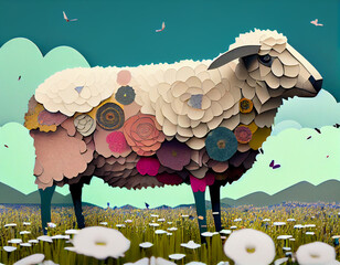 Paper Collage of Sheep in Flower Field. Generative ai