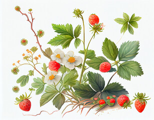 Obraz premium Wide Image of Raspberry Flowers and Leaves and Berries. Generative ai
