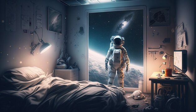 Vivid colorful illustrations of astronaut in his bedroom galaxies. Door to space generate ai.