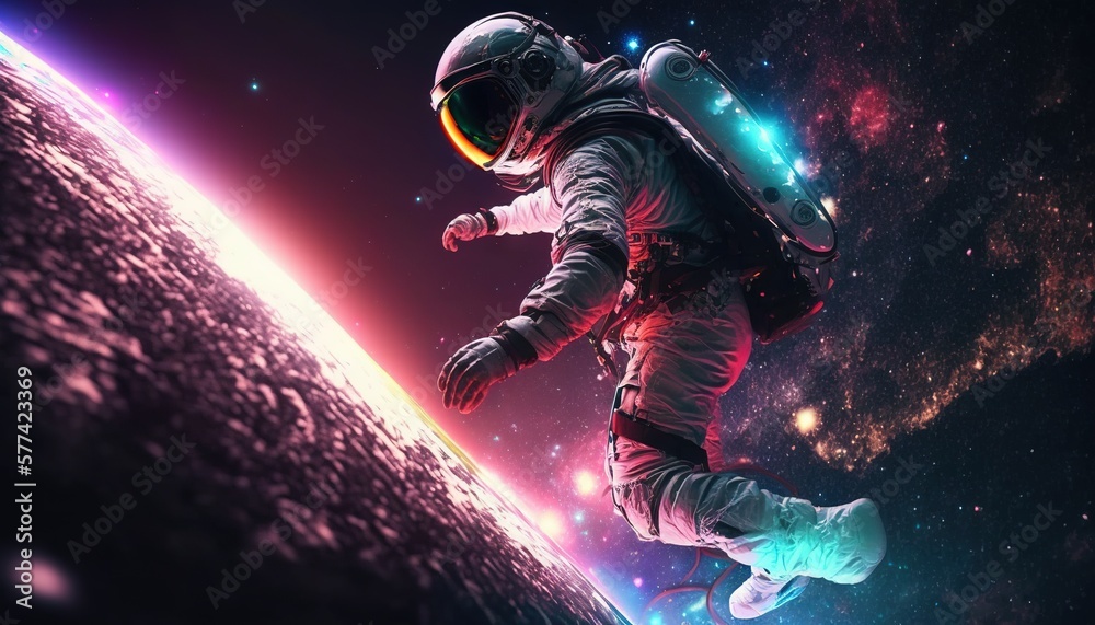 Wall mural vivid colorful illustrations of astronaut in space surfing on surfboard waves of galaxies generate a