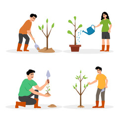 Fototapeta na wymiar Characters planting seedlings and growing trees into soil working in Garden, volunteering, charity social and environment concept. Volunteer people plant trees in park, World environment day