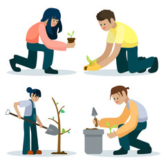 Characters planting seedlings and growing trees into soil working in Garden, volunteering, charity social and environment concept. Volunteer people plant trees in park, World environment day