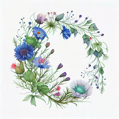 Watercolor Inspired Illustration of Wild Bachelor's Button Blue Flower Wreath. Generative ai