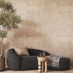 Modern scandinavian style conceptual design interior room. Mock up frame beige plaster wall. Minimal sofa with wooden table and decor. 3d rendering. High quality 3d illustration © Viktoria Kovalchuk