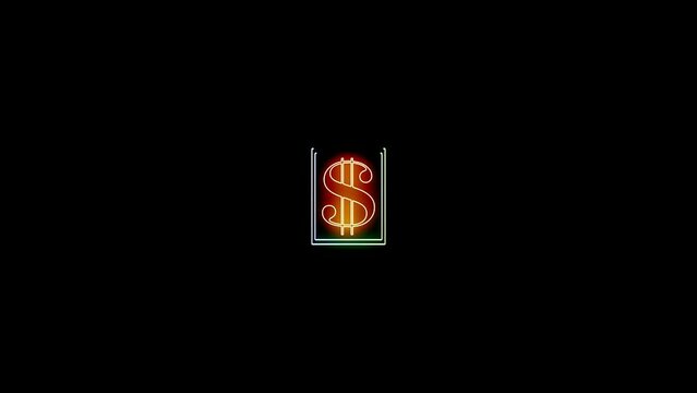 neon rectangle 3d render of a glowing dollar symbol on isolated black background