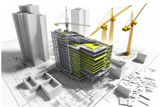 3D building drawings, tower cranes and building construction environment.AI technology generated image