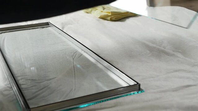 The hands of a window production master assemble a window section from an aluminum profile and glass rectangular blanks on a workbench with a soft cloth. Window assembly process