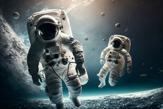 Astronauts float in space.AI technology generated image