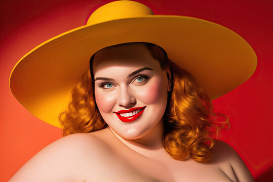 Portrait of happy curvy model with summer outfit over red background. Generative AI