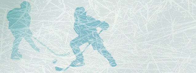 Hockey banner. Two young hockey players in the fight for the puck on a ice background. Sports illustration with space for text, promotions, advertising, promotions, etc.