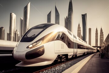 Naklejka premium High-speed train shuttles in future cities.AI technology generated image