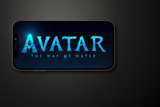 Avatar The Way of Water movie on smartphone screen. Moscow, Russia - March, 2023.