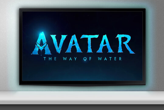 Avatar The Way of Water movie on TV screen. Moscow, Russia - March, 2023.