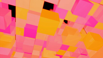 Abstract bright cubes moving upwards and backwards on a black background. Design. Jumping 3D colorful cubes.