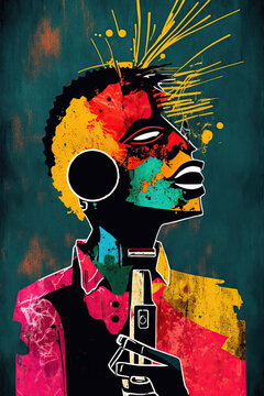 Colorful ethnic abstract illustration of reggae musician with headphones and microphone. Generative AI