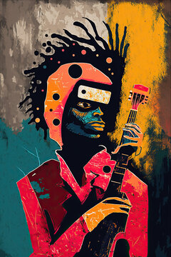 Colorful ethnic abstract illustration of reggae musician with dreadlocks playing guitar. Generative AI