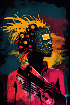 Colorful ethnic abstract illustration of reggae musician with dreadlocks playing guitar. Generative AI