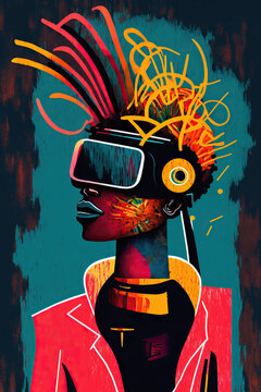 Colorful ethnic abstract illustration of black man with VR glasses. Generative AI