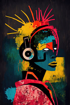 Colorful ethnic abstract illustration of reggae musician with headphones. Generative AI