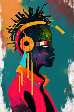 Colorful ethnic abstract illustration of singer with dreadlocks and headphones. Generative AI