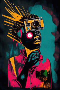 Colorful ethnic abstract illustration of black photographer with vintage camera. Generative AI