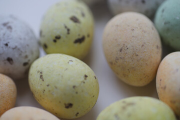 Colourful chocolate eggs with spots to celebrate Easter.