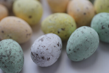 Colourful chocolate eggs with spots to celebrate Easter.