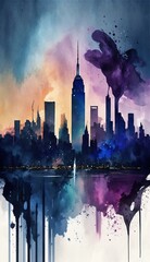 skyline of a big city painted with watercolors, generative ai
