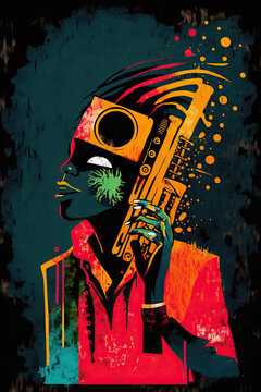 Colorful ethnic abstract illustration of jazz musician with saxophone. Generative AI
