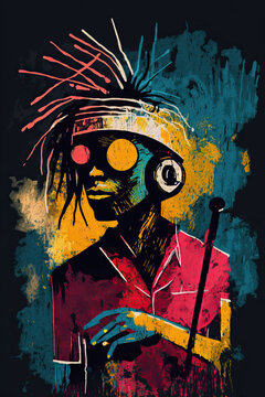 Colorful ethnic abstract illustration of reggae musician with headphones and microphone. Generative AI