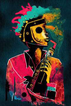 Colorful ethnic abstract illustration of jazz musician with saxophone. Generative AI